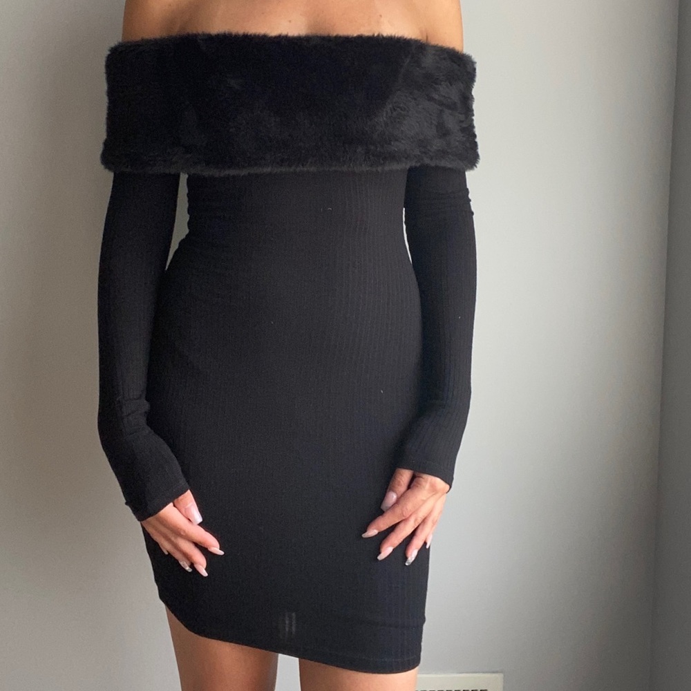 Fur off shoulder dress